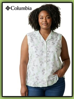 Columbia White Sleeveless Floral Button-Front Top Size XXL